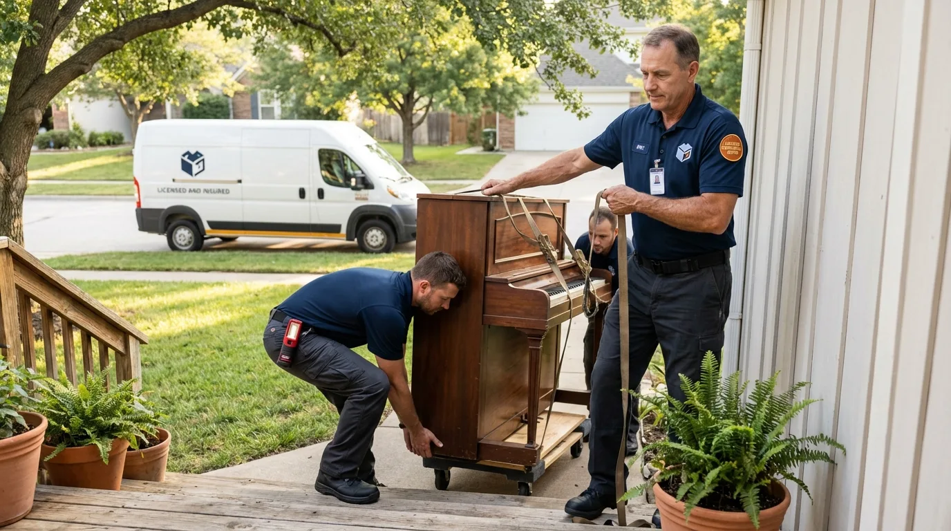 Licensed piano movers securing grand piano in Richwood, OH