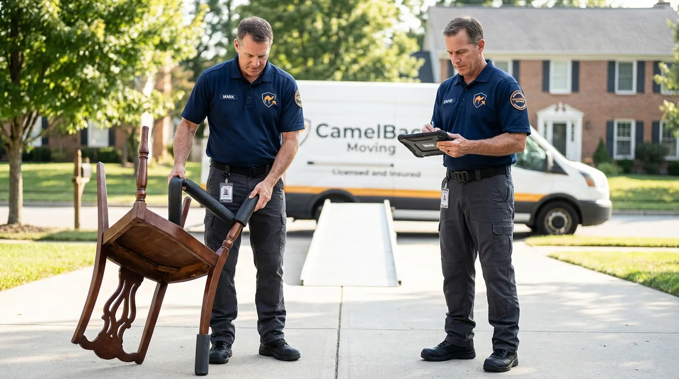 Movers inspecting furniture for damage prevention before loading in Richwood, OH
