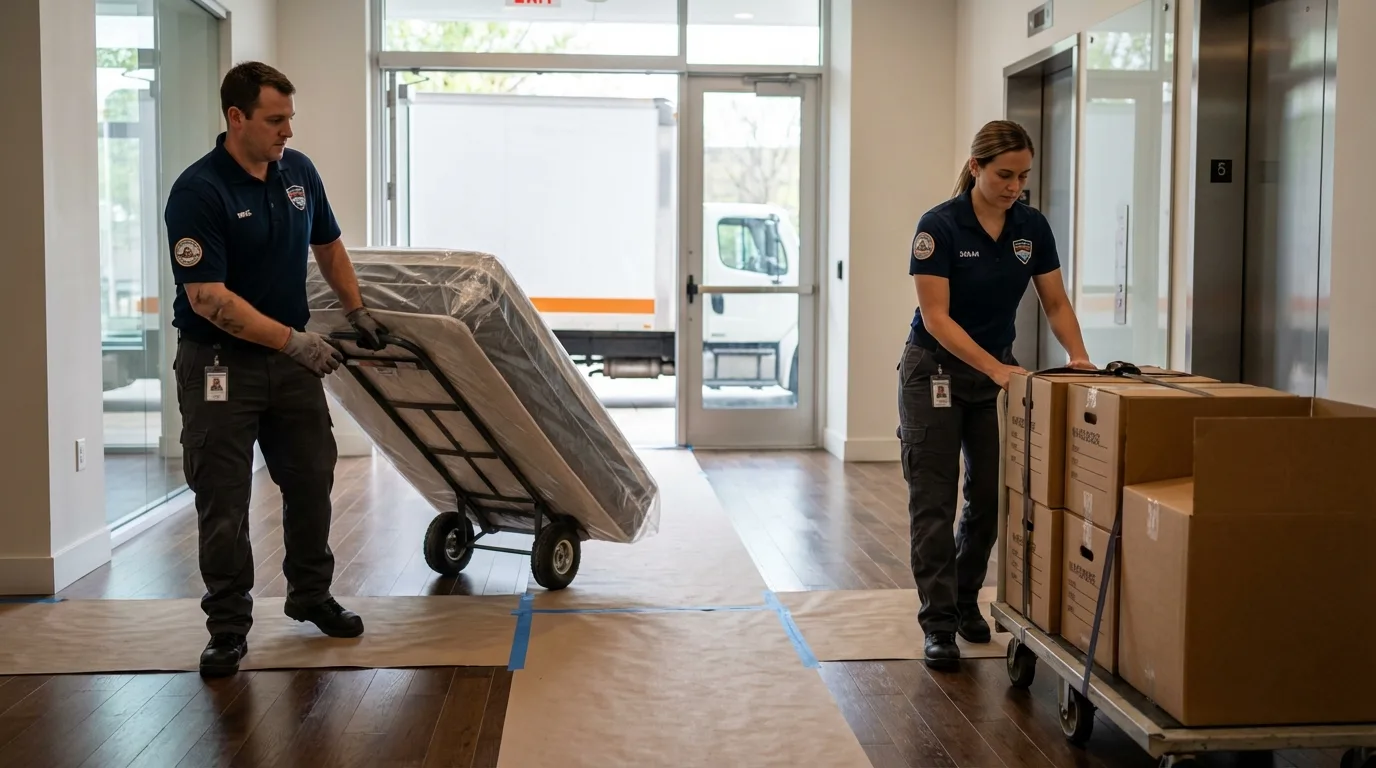 Professional apartment movers loading elevator in Richwood, OH
